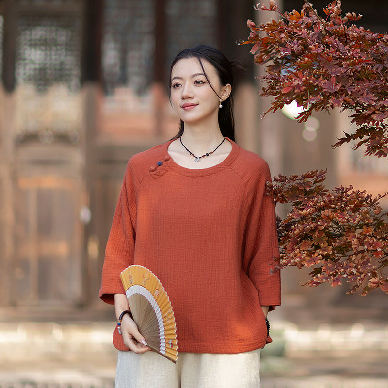 2026 Spring New Arrival: Retro-Chic Cotton-Linen Women's Round-Neck Color-Blocked Button-Down Blouse, Pullover T-Shirt