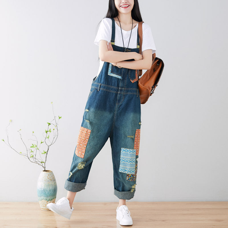 Patchwork stonewashed cotton overalls, women's denim washed overalls