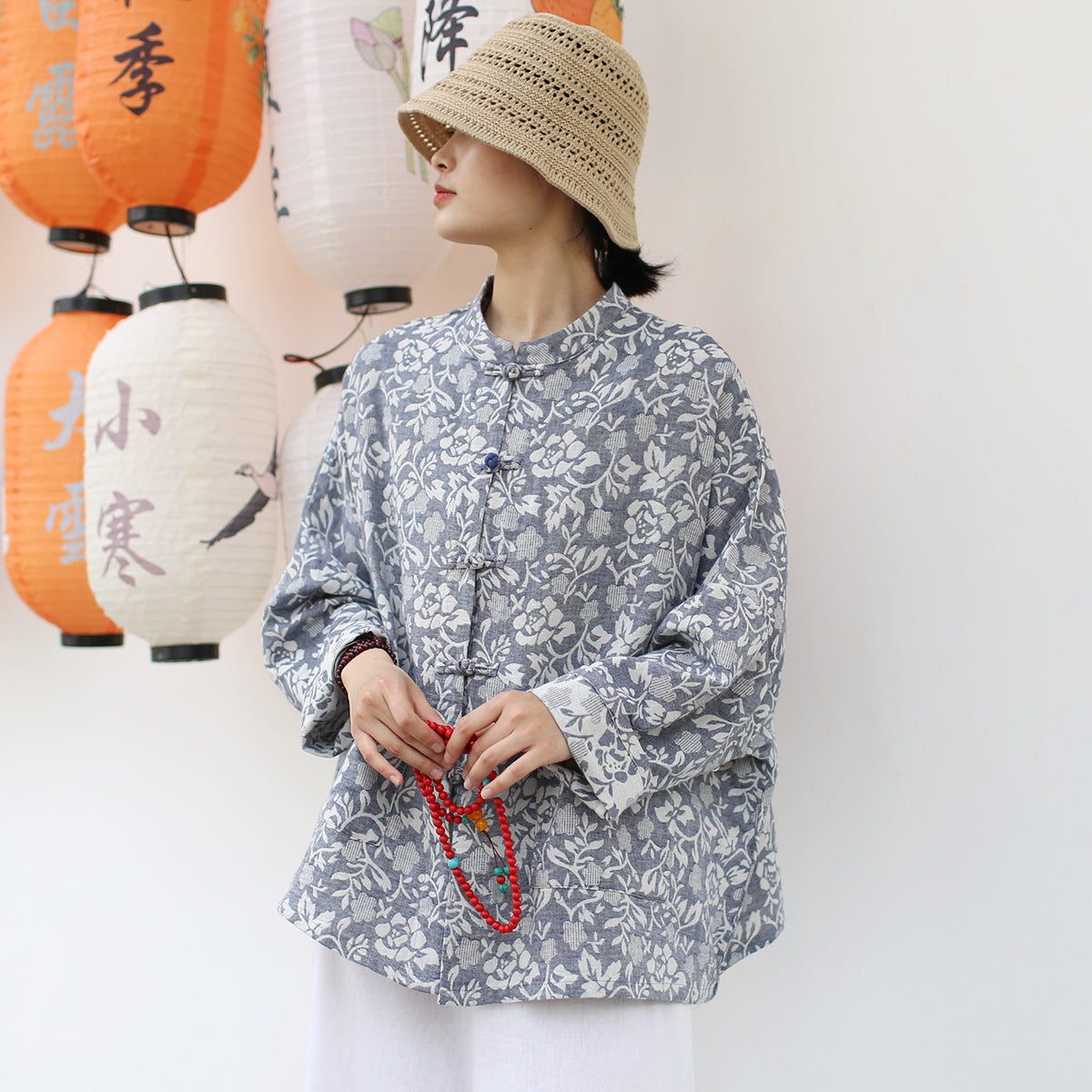 Vintage Chinese Standing Collar Loose Frog Button Shirt,  Printed  flower Cotton  Linen Jacket 20250408