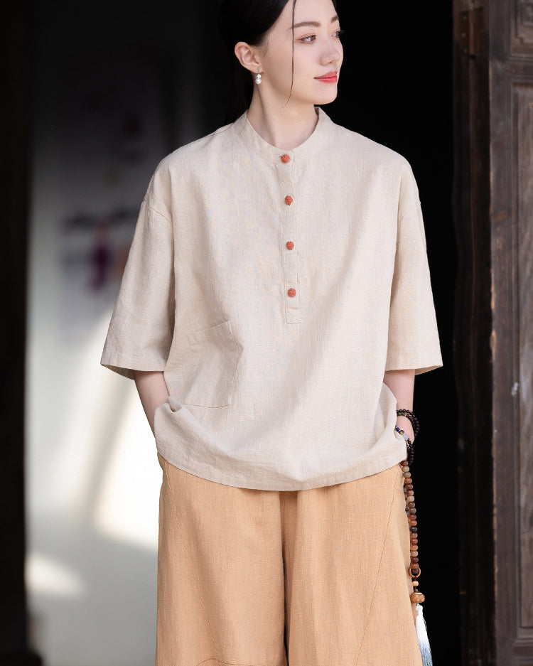 Original cotton  linen women's clothing, summer Chinese retro women's sandwashed cotton T-shirt 20240728