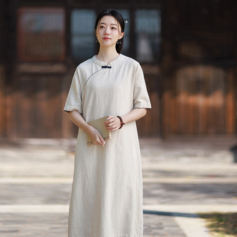 Summer Retro Qipao Dress: Loose-fitting Classic Women's Dress with a Small Stand-up Collar and Button Closure20260511