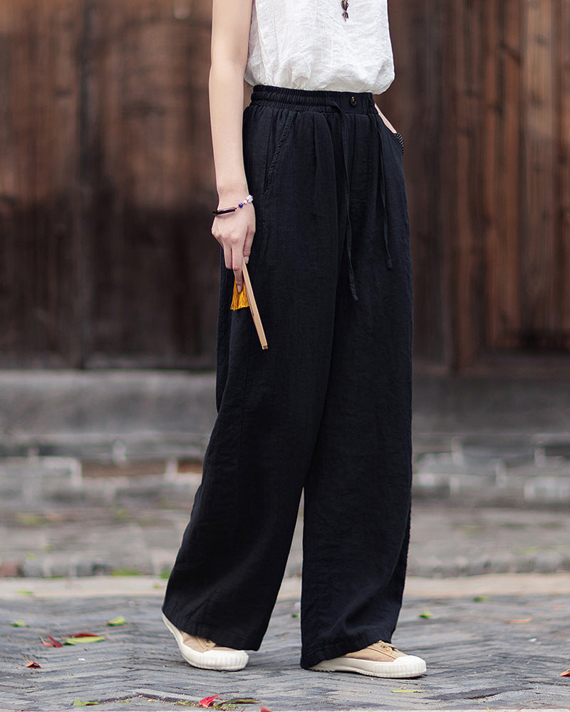 New Summer Collection: Women's Cotton-Linen Artistic and Versatile Casual Linen Pants with Drawstring Elastic Waist, Flowing Silhouette, and Slimming Straight Legs 20260511