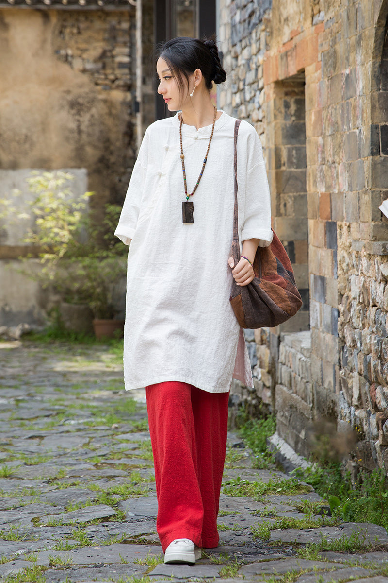 Women's summer Chinese loose frog button cheongsam, retro cotton  linen casual long shirt20250604