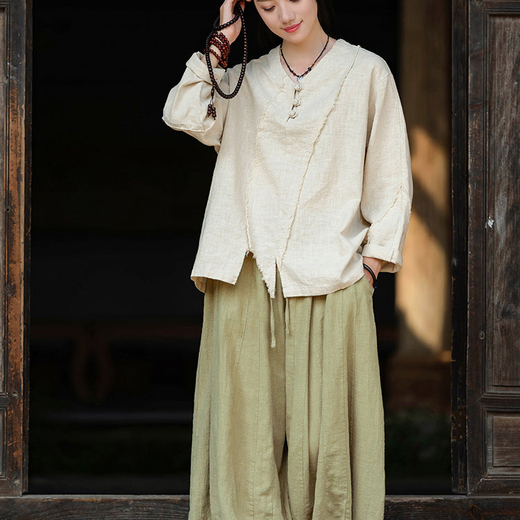 Woman Vintage Chinese Long Sleeve Cotton Linen Shirt with Embroidery V-Neck Loose Top 20240920