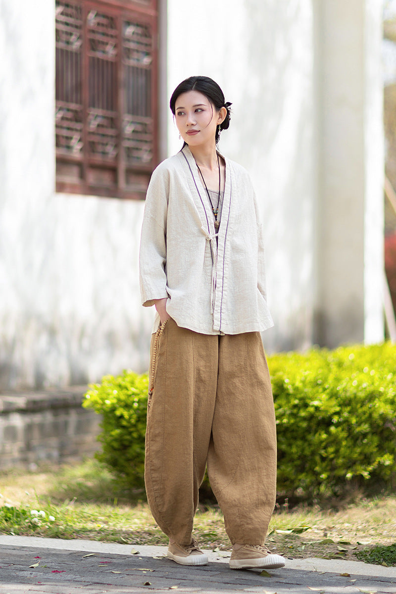 New Cotton-Linen Women's Vintage Zen-Inspired Ramie Tapered-Sleeve Tie-Front Cardigan, Loose-Fit Chinese-Style Jacket 20260511