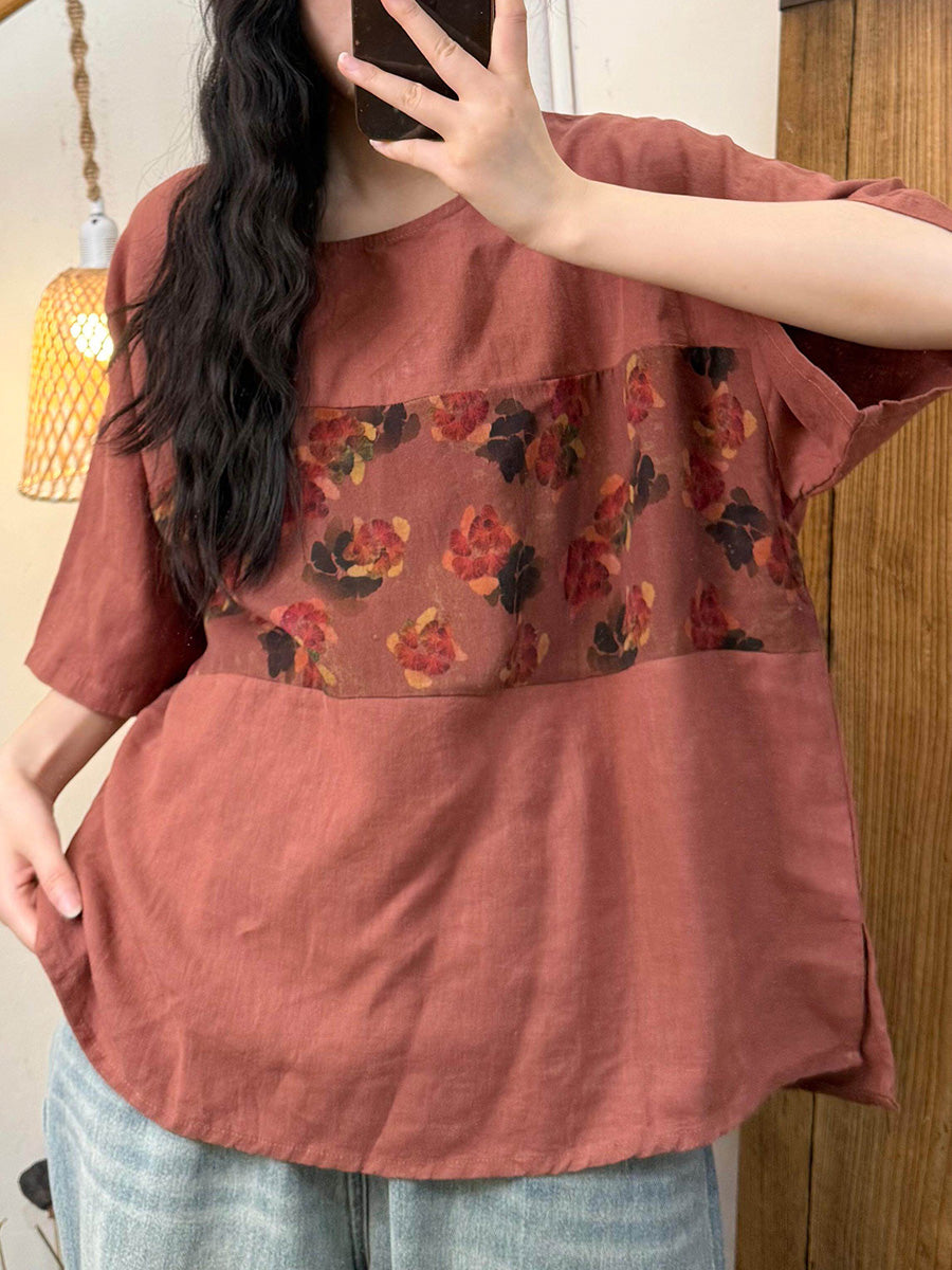 Women Loose-fitting printed T-shirt Summer Vintage Flower Spliced O-Neck Shirt