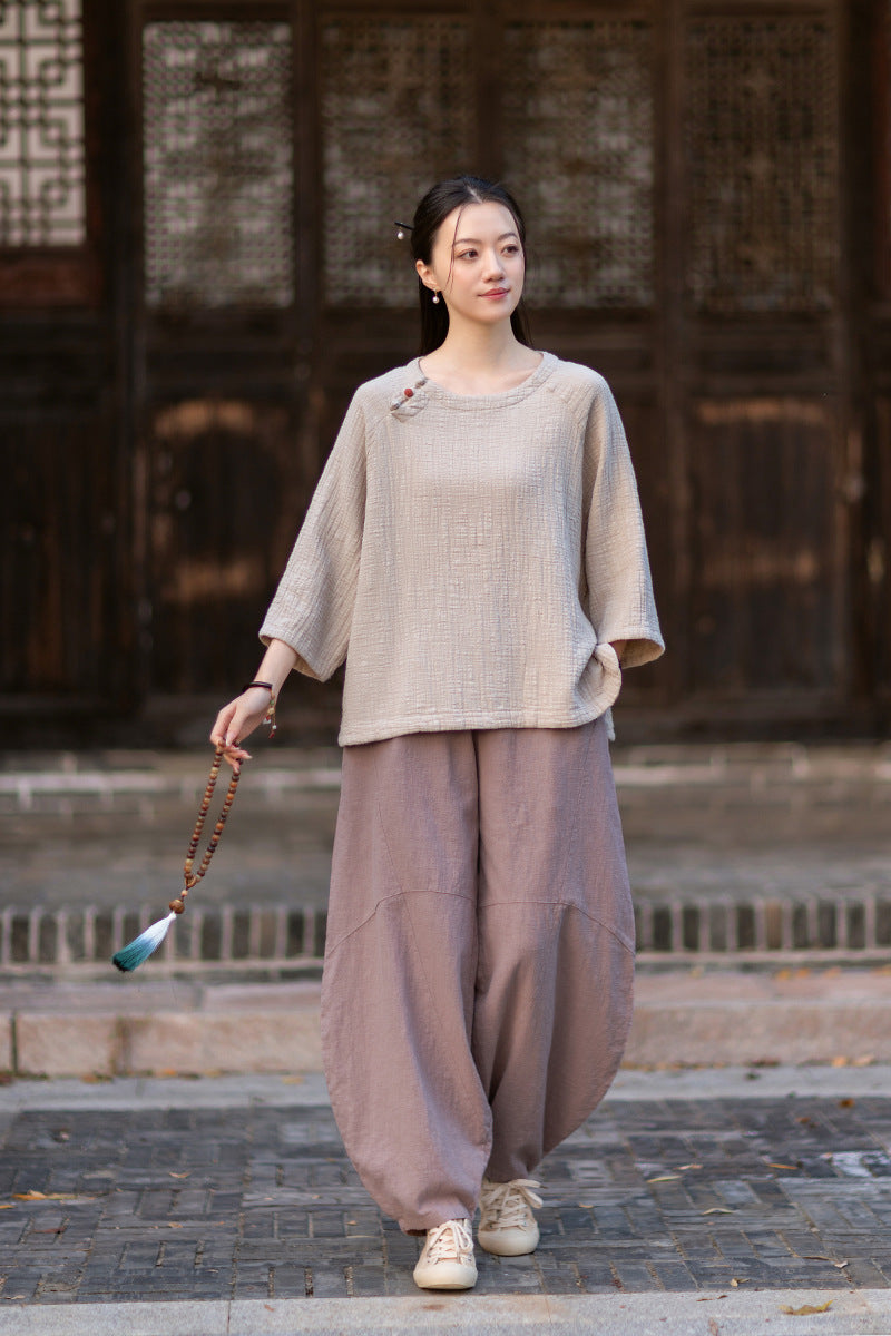 2026 Spring New Arrival: Retro-Chic Cotton-Linen Women's Round-Neck Color-Blocked Button-Down Blouse, Pullover T-Shirt