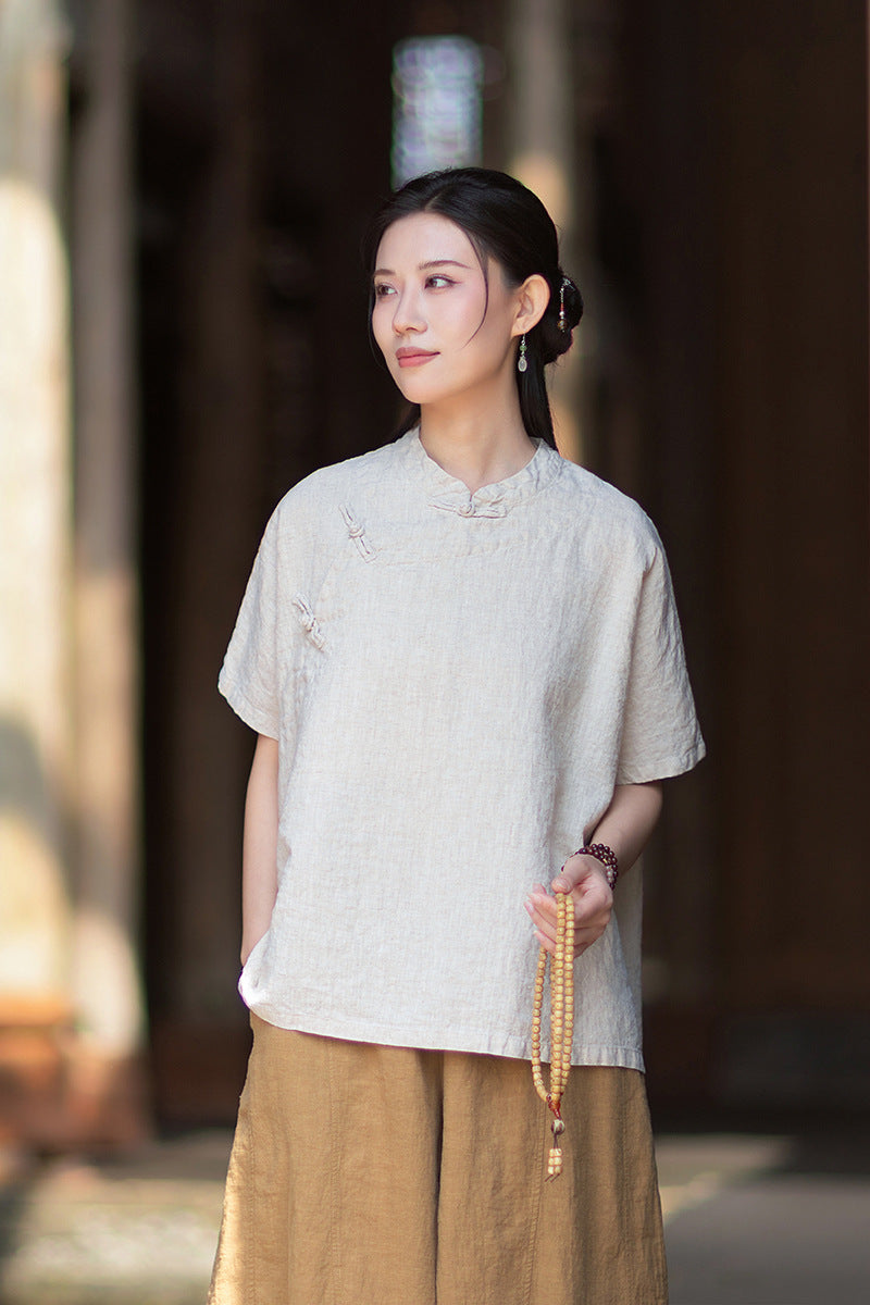 Women's Lightweight Linen Vintage-Style Summer Shirt, New Arrival: Zen-Inspired Stand-Up Collar with Button Closure 20260511