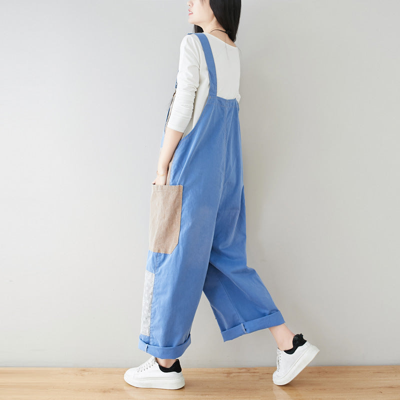 Patchwork cotton overalls, women's printed denim overalls, stonewashed loose overalls