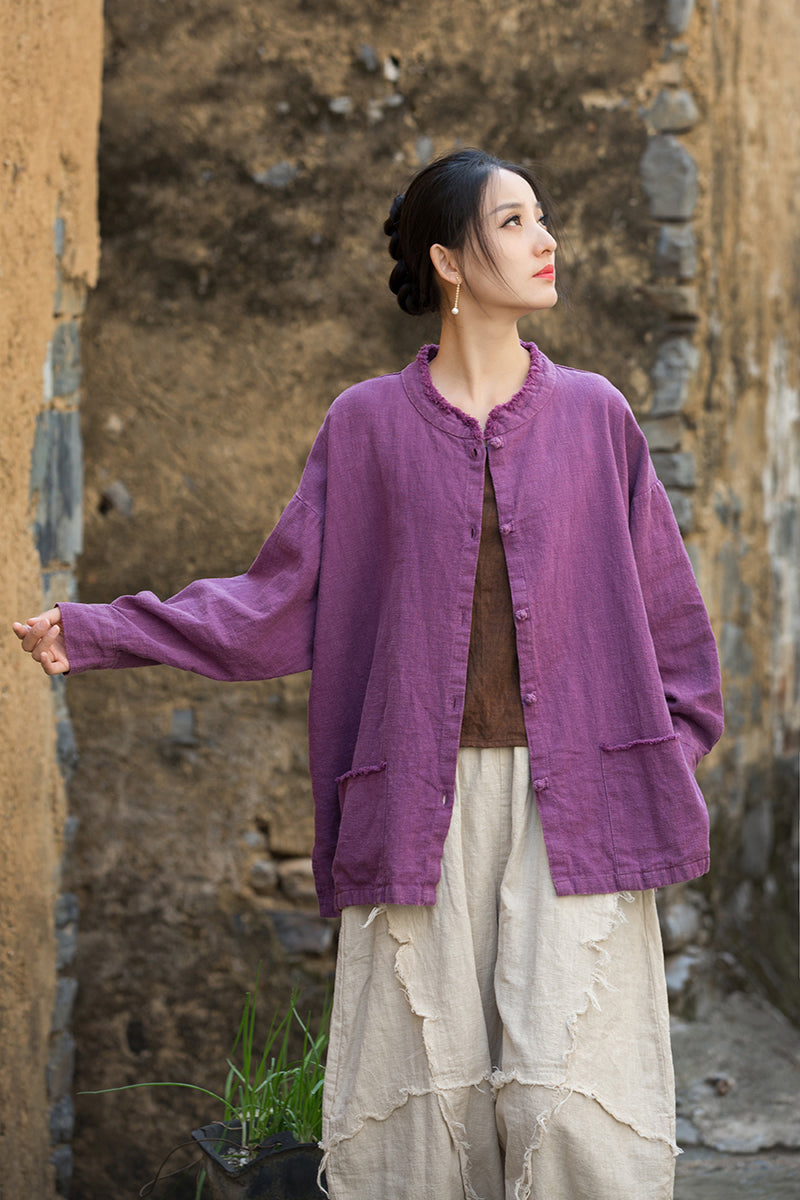 Vintage summer Chinese long sleeve shirt, cotton and linen washed and brushed frog button shirt 20250604
