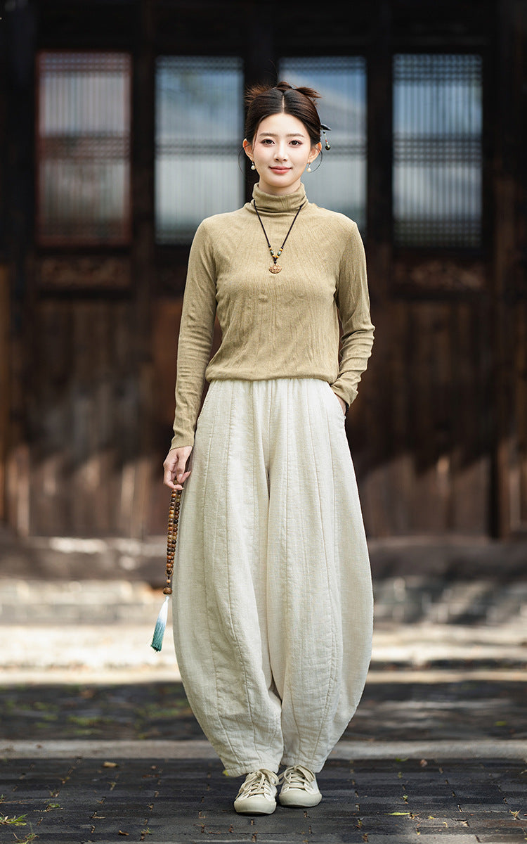 2026 Original New Arrival: Winter Ramie-Cotton Sandwashed Distressed Patchwork Pumpkin-Colored Women's Harem Pants