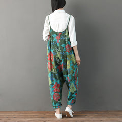 Printed floral cotton overalls, women's denim overalls, stonewashed loose overalls