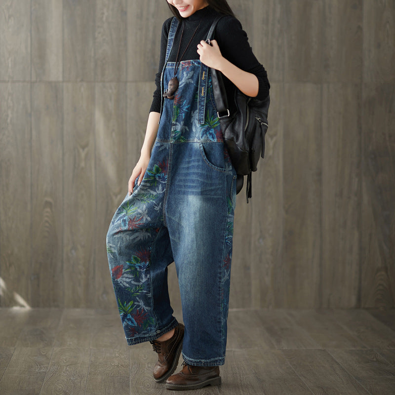 Printed Cotton Overalls,Women's Denim Overalls,Stonewashed Loose Overalls