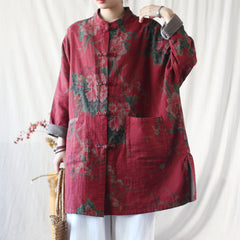 Vintage Frog Button Stand-up Collar shirt, Oversize Printed Red peony Cotton  Linen Jacket 20250408