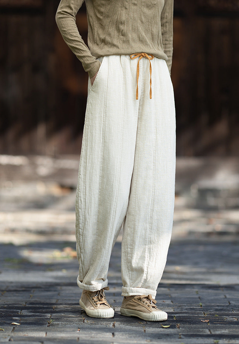 2026 Winter New Arrival: Ramie-Blend, Color-Blocked, Drawstring, Quilted, Thickened Cotton Pants—Versatile, Slimming, Loose-Fit Casual Pants