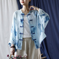 Printed Standing Collar Women Ramie Frog Button Shirt, Summer Vintage Loose Light Cardigan 20240802