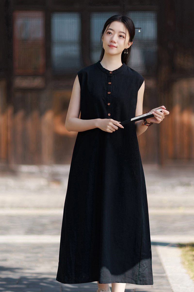 2026 Summer Women's Boho-Chic Dress: Loose-Fit, Sand-Washed Ramie Mid-Length Dress with a Zen-Inspired Aesthetic