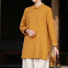 Women's vintage Chinese frog button long-sleeved cotton and linen shirt, stand-up collar loose cotton and linen jacket 20240920