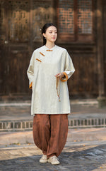 2026 Spring New Arrival: Retro Cotton-Linen Chinese-Style Stand-Collar, Color-Blocked, Button-Fastened, Wrap-Front Blouse for Women – Zen Tea Attire