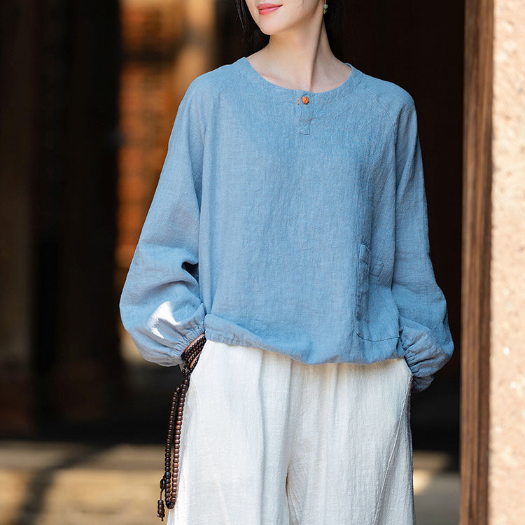 Loose long-sleeved cotton  linen T-shirt, vintage round neck cotton  linen  button top shirt 20240920