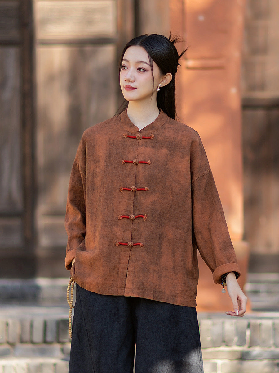 2026 Spring New Arrival: Chinese-Style Retro Double-Breasted Color-Blocked Button-Down Shirt, Women's Modernized Stand-Up Collar Ombre-Dye Tang-Style Cardigan