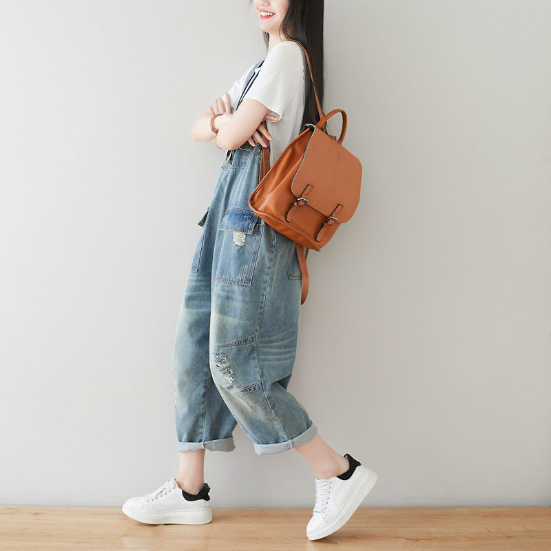 Cotton overalls, women's denim overalls, stonewashed loose overalls