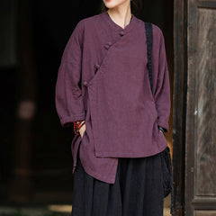 Women's Vintage Chinese Frog Button Long Sleeve Cotton Linen Shirt, Embroidery Standing Collar Splicing Irregular Loose Blouse 20240920