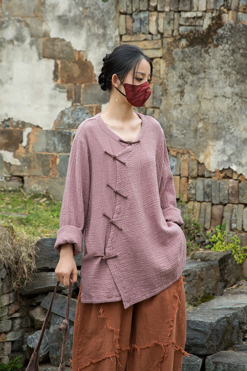 Vintage Summer Chinese Boat Collar Long Sleeve Shirt, Cotton  Linen Washed Frog Long T-Shirt 20250604