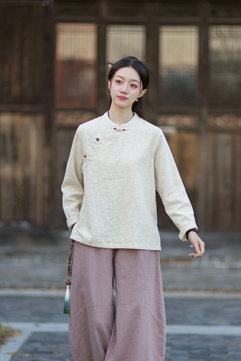 2026 Spring New Arrival: Original Cotton-Linen Women's Chinese-Style Stand-Collar Top, Tea Ceremony-Style Women's Diagonal-Placket Color-Blocked Button-Down Shirt