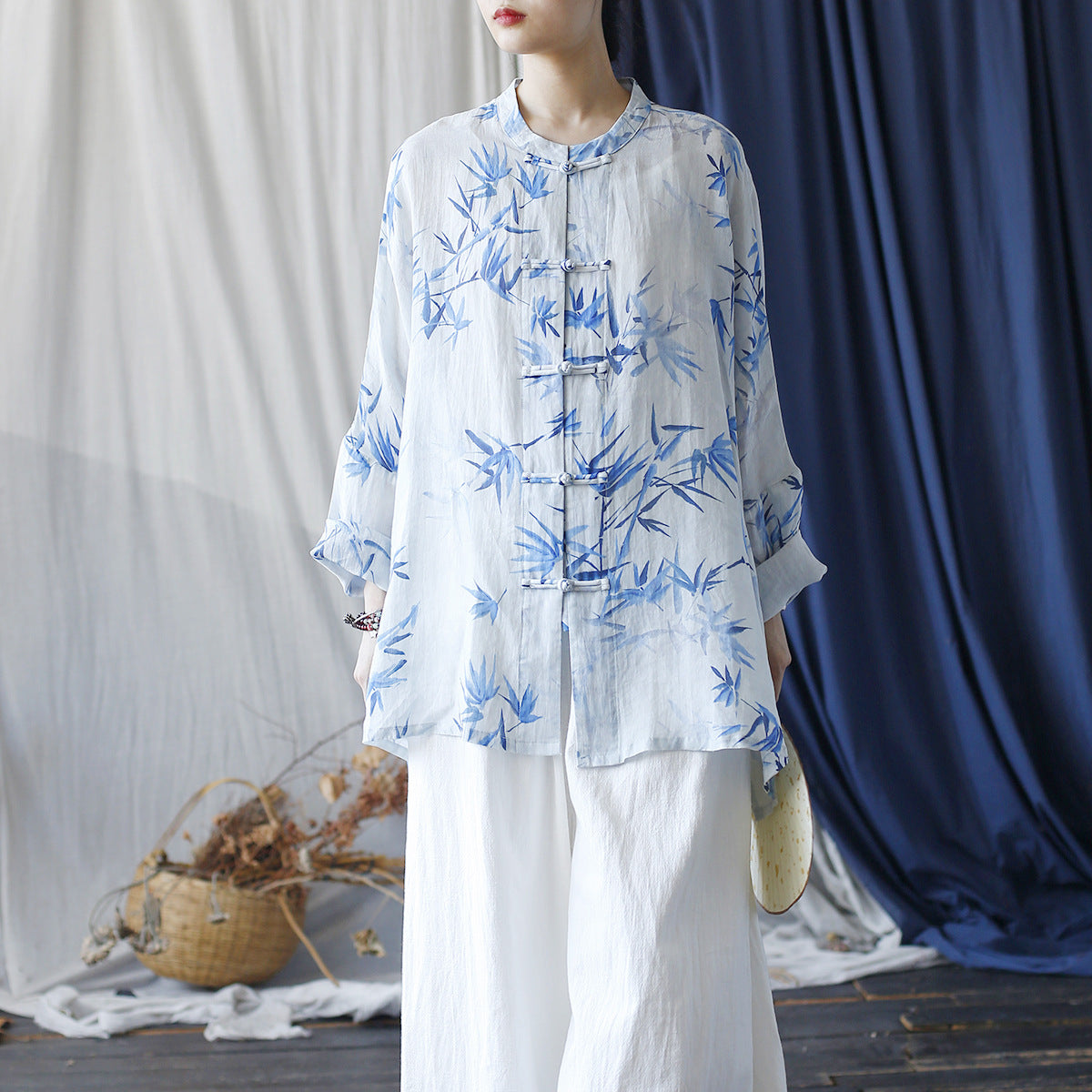 Loose Summer Printed Ramie Shirt, Standing Collar Frog Button Chinese Casual Shirt 20240803