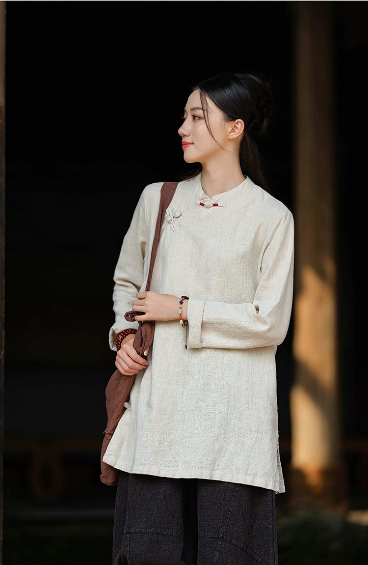 2026 Spring New Arrival: Retro Cotton-Linen Chinese-Style Stand-Collar, Color-Blocked, Button-Fastened, Wrap-Front Blouse for Women – Zen Tea Attire