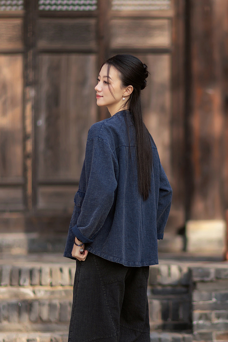 2026 Spring New Arrival: Boho-Retro Stand-Collar Distressed Double-Breasted Button-Down Cotton-Linen Blouse for Women