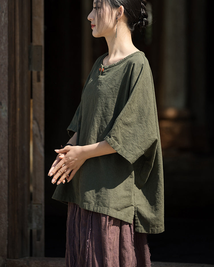 Summer Cotton Chinese t-shirt,Ramie Sand Washed Plate Button Women's Short Sleeve T-Shirt 20240714