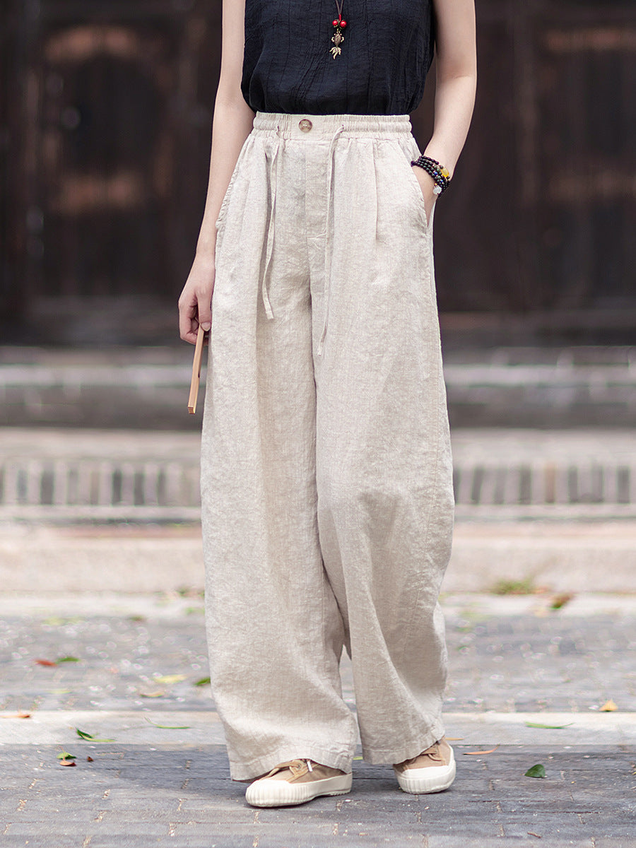 New Summer Collection: Women's Cotton-Linen Artistic and Versatile Casual Linen Pants with Drawstring Elastic Waist, Flowing Silhouette, and Slimming Straight Legs 20260511