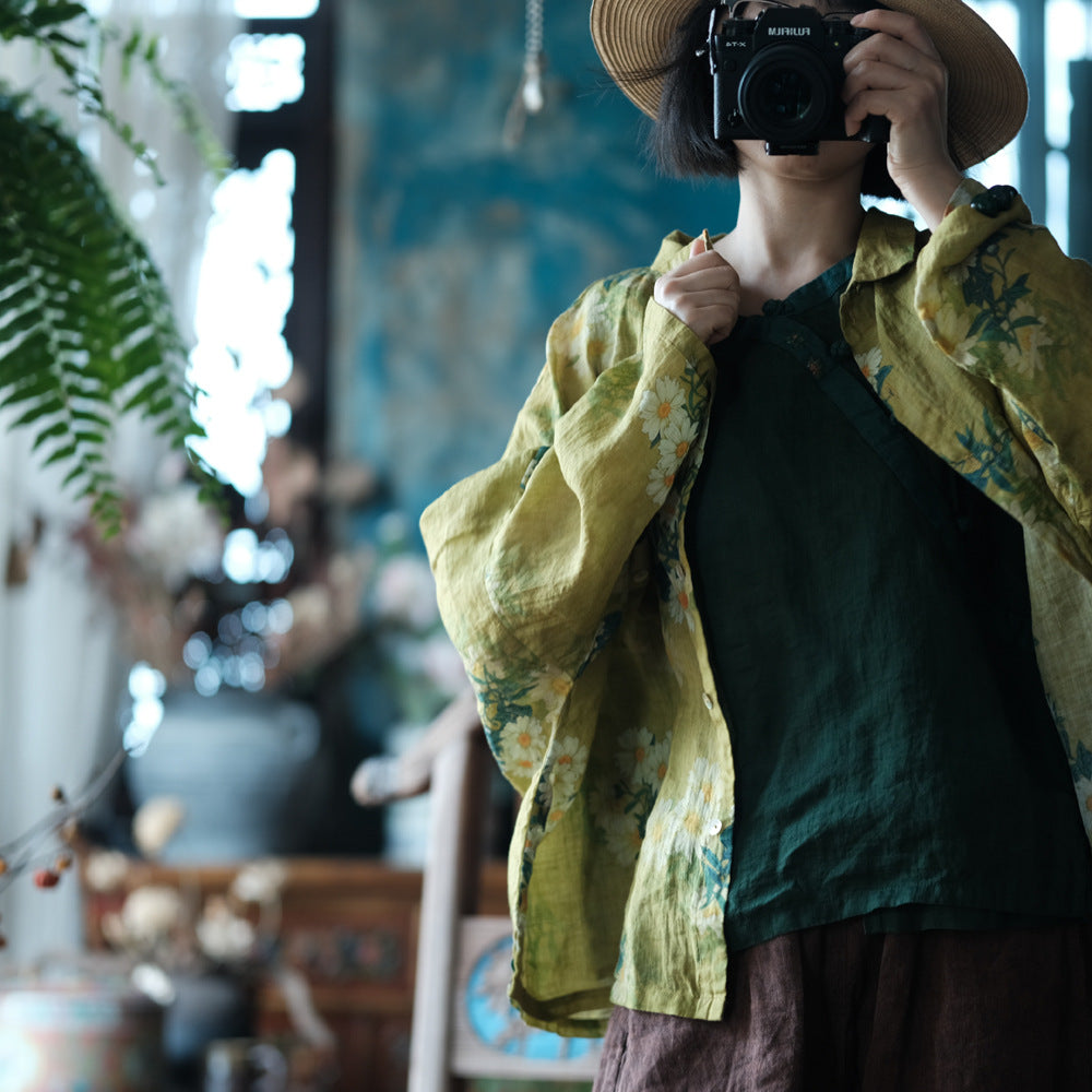 Vintage Yellow Digital Print Pure Ramie Shirt, Summer Loose Casual Shirt 240621