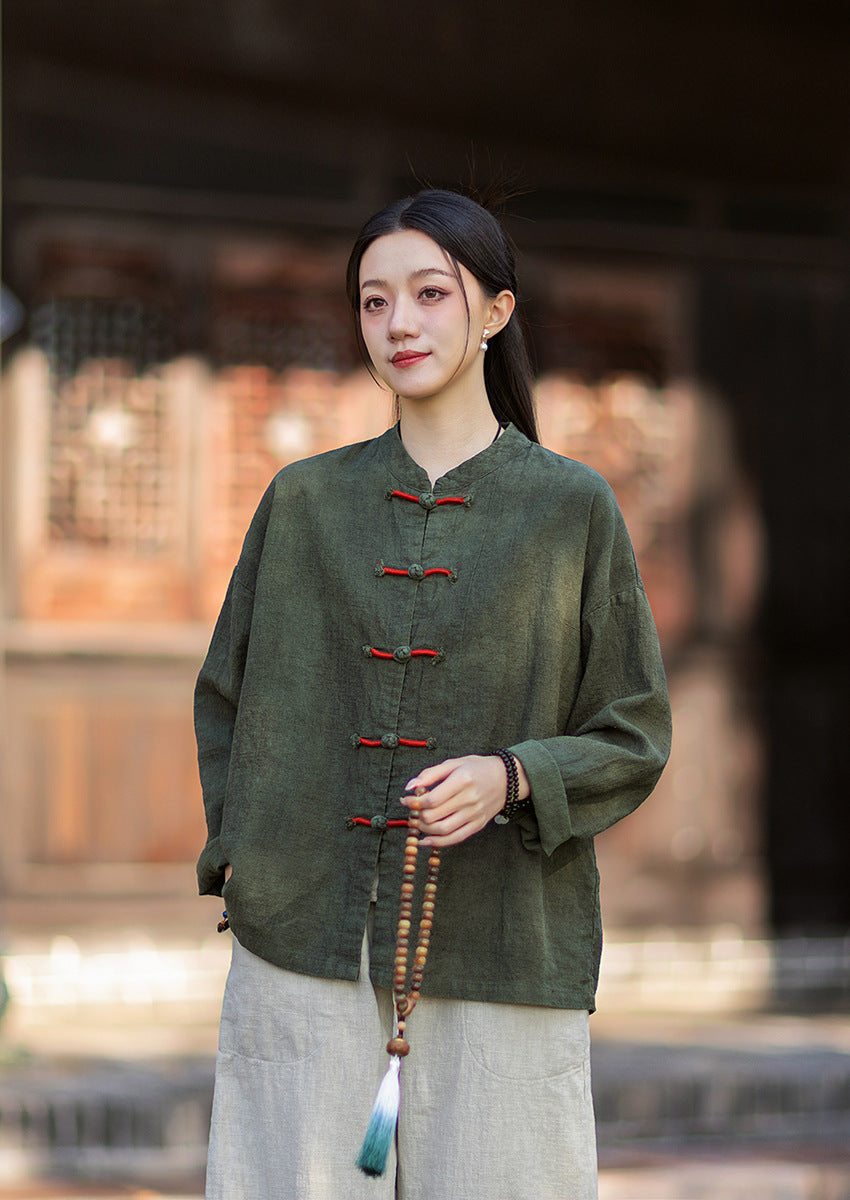 2026 Spring New Arrival: Chinese-Style Retro Double-Breasted Color-Blocked Button-Down Shirt, Women's Modernized Stand-Up Collar Ombre-Dye Tang-Style Cardigan