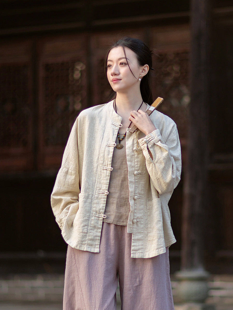 2026 New Arrival: Women's Long-Sleeve Cotton-Linen Blouse, Loose-Fit Chinese-Style Stand-Up Collar with Button-Down Front