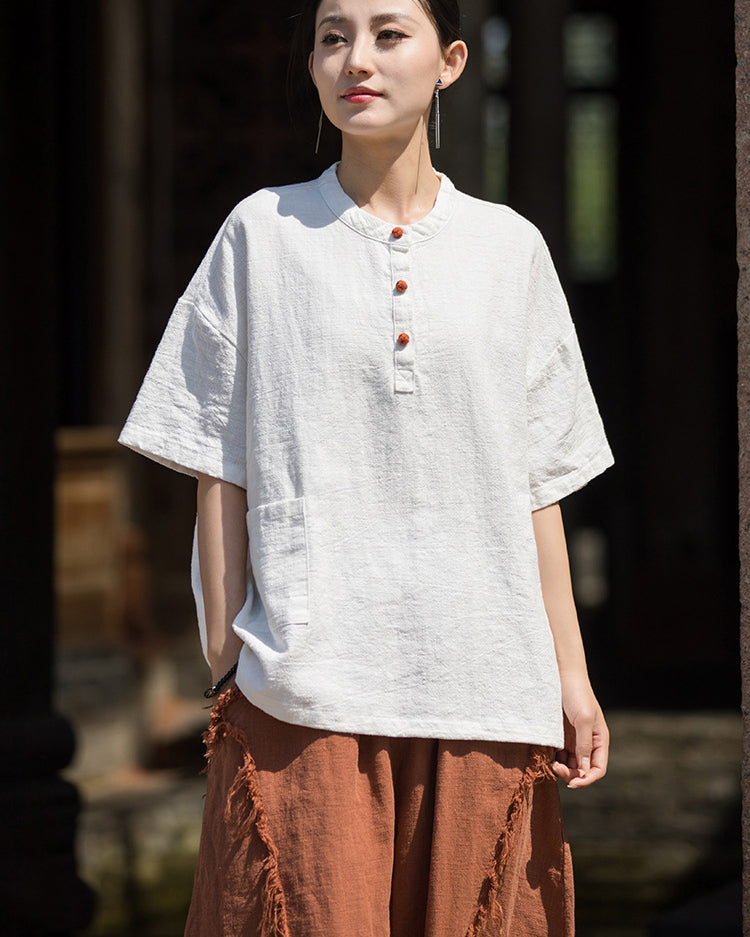 Summer Cotton Chinese t-shirt,cotton linen Washed Plate Button Women's Short Sleeve T-Shirt 20240714