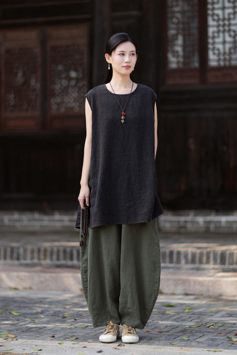 New Vintage-Style Ombré Distressed Versatile Lightweight Sleeveless Dress for Women: Round-Neck Linen Tank Dress 20260511