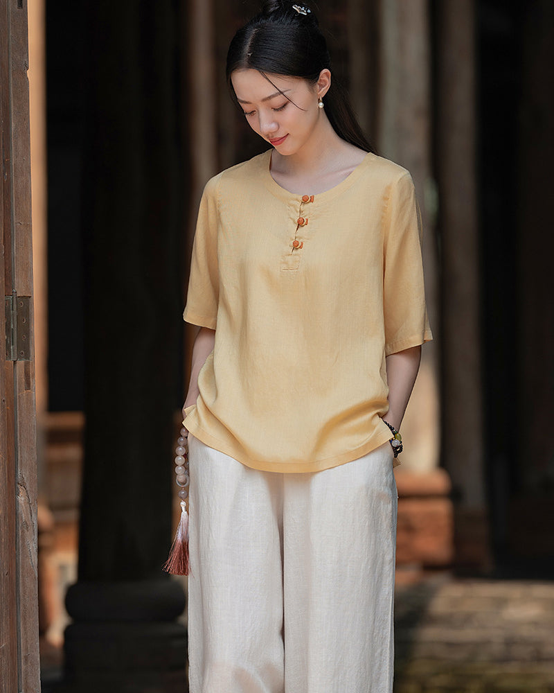Frog Button Cotton  Linen Shirt, Summer Chinese Vintage Women Sandwashed Cotton  Linen T-shirt 20240728