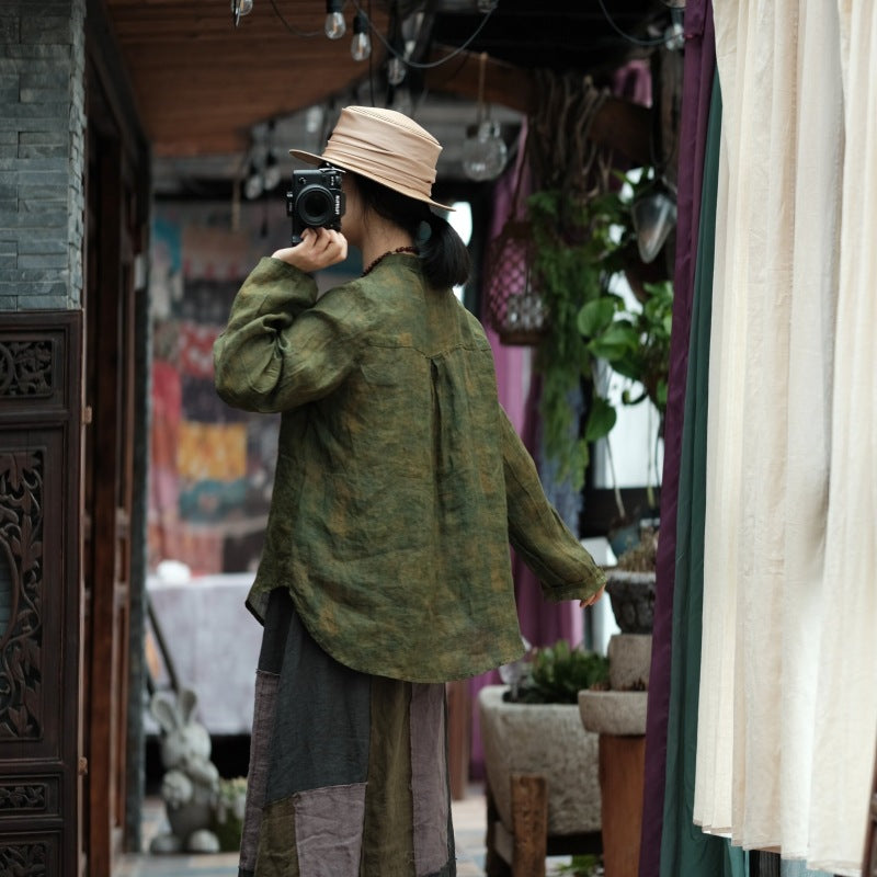 Green Printed Linen Shirt, Summer Linen Shirt, Vintage Chinese Loose Casual Shirt