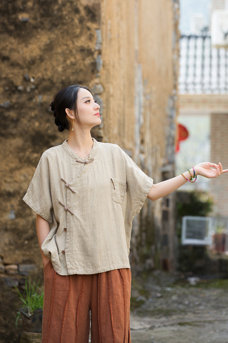 Women's Summer Chinese Short Sleeve Shirt, Vintage Cotton  Linen Casual Frog Button Shirt 20250604