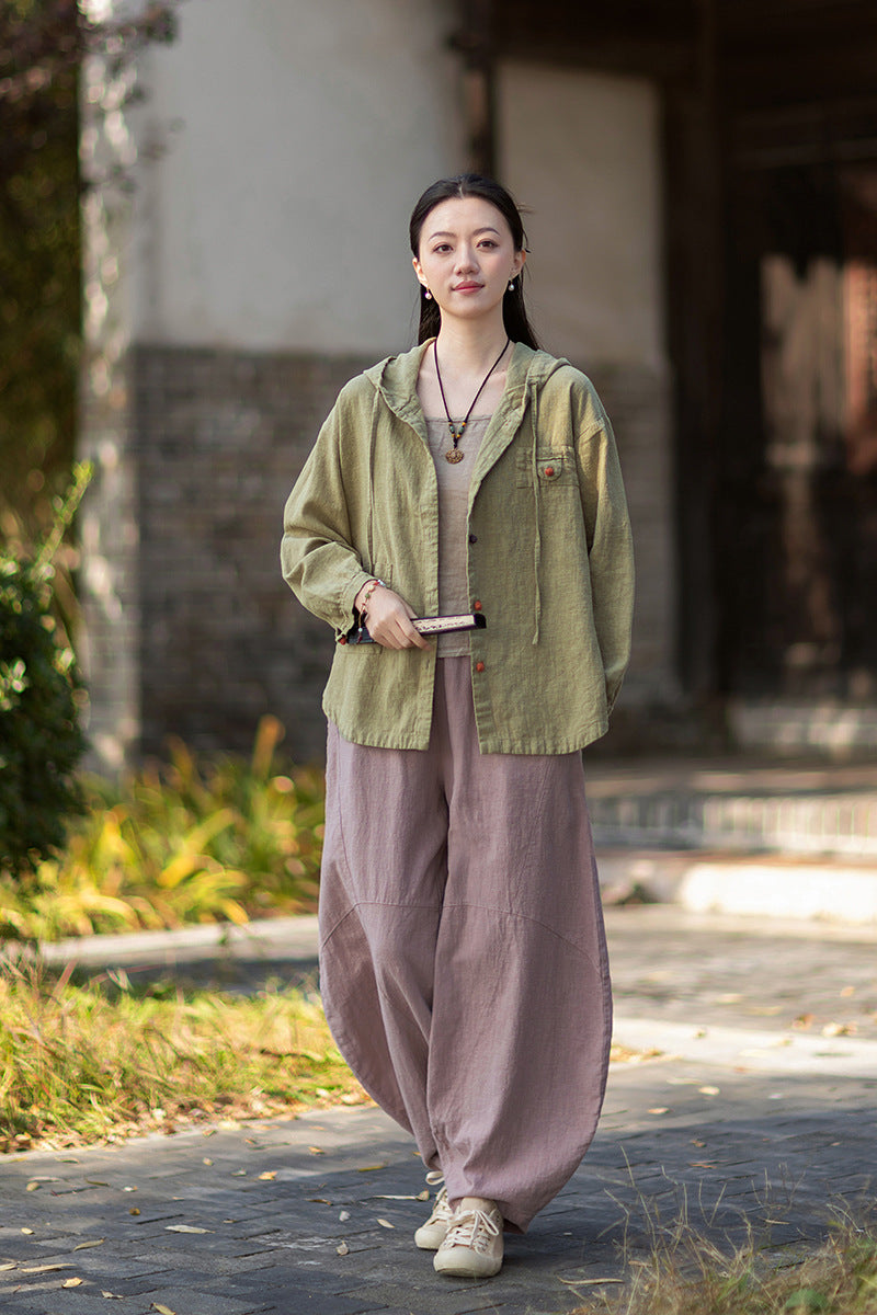 2026 Spring New Arrival: Oversized Casual Hooded Color-Blocked Button-Down Shirt, Women's Sandwashed Cotton-Linen Jacket