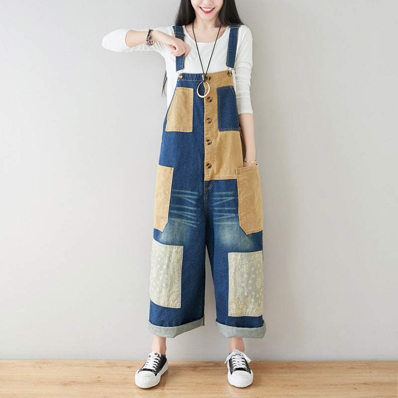 Patchwork cotton overalls, women's printed denim overalls, stonewashed loose overalls