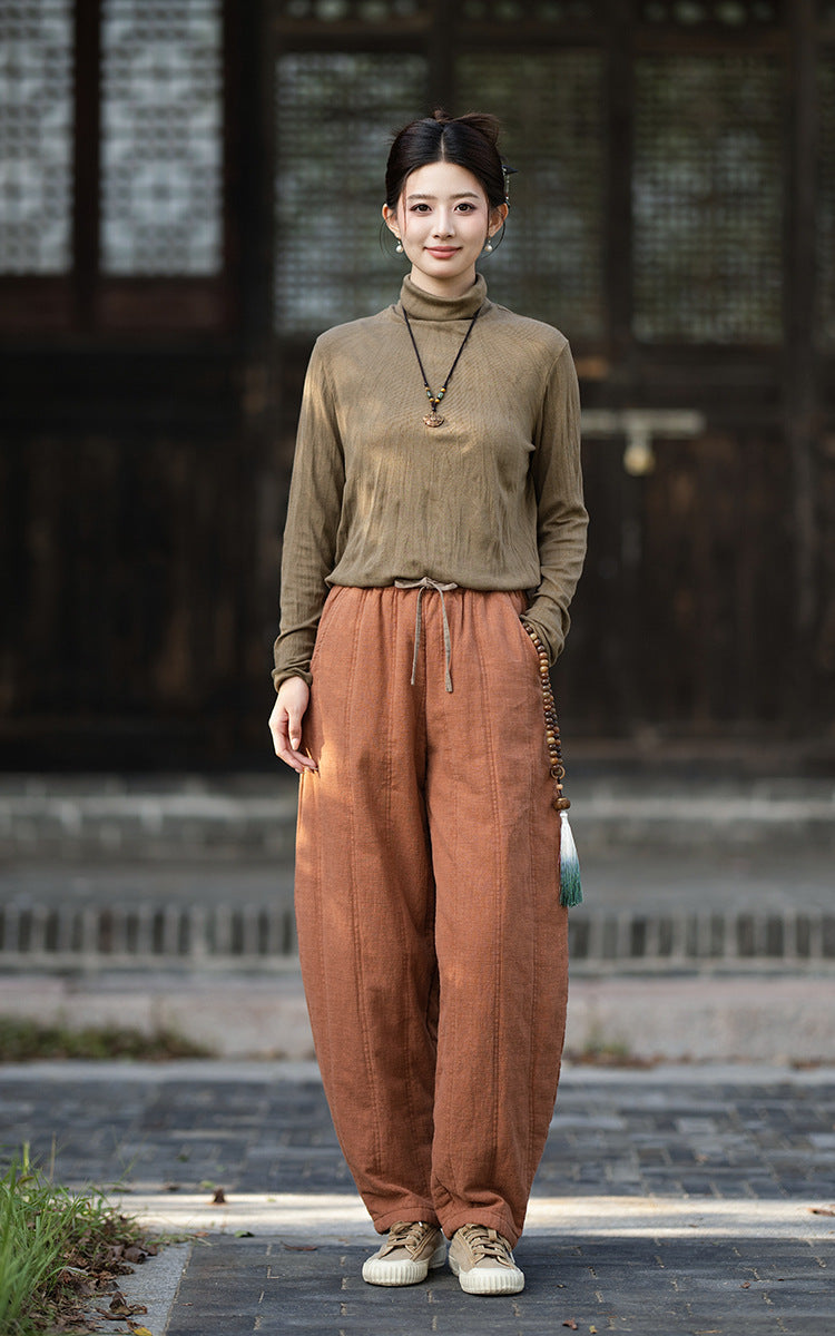 2026 Winter New Arrival: Ramie-Blend, Color-Blocked, Drawstring, Quilted, Thickened Cotton Pants—Versatile, Slimming, Loose-Fit Casual Pants