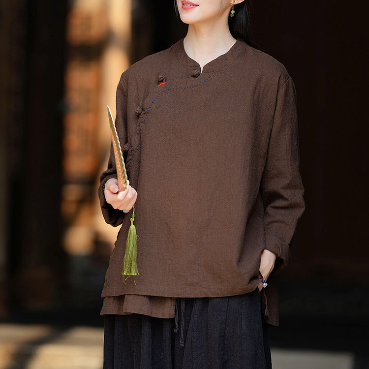 Women's Vintage Chinese Long Sleeve Cotton Linen Shirt with Embroidery Boat Neck Loose Casual Shirt 20240920