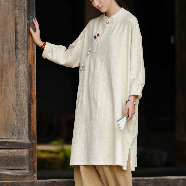 Women's Vintage Chinese Frog Button Long Sleeve Cotton and Linen Long Shirt, Standing Collar Loose Cotton and Linen Jacket 20240920