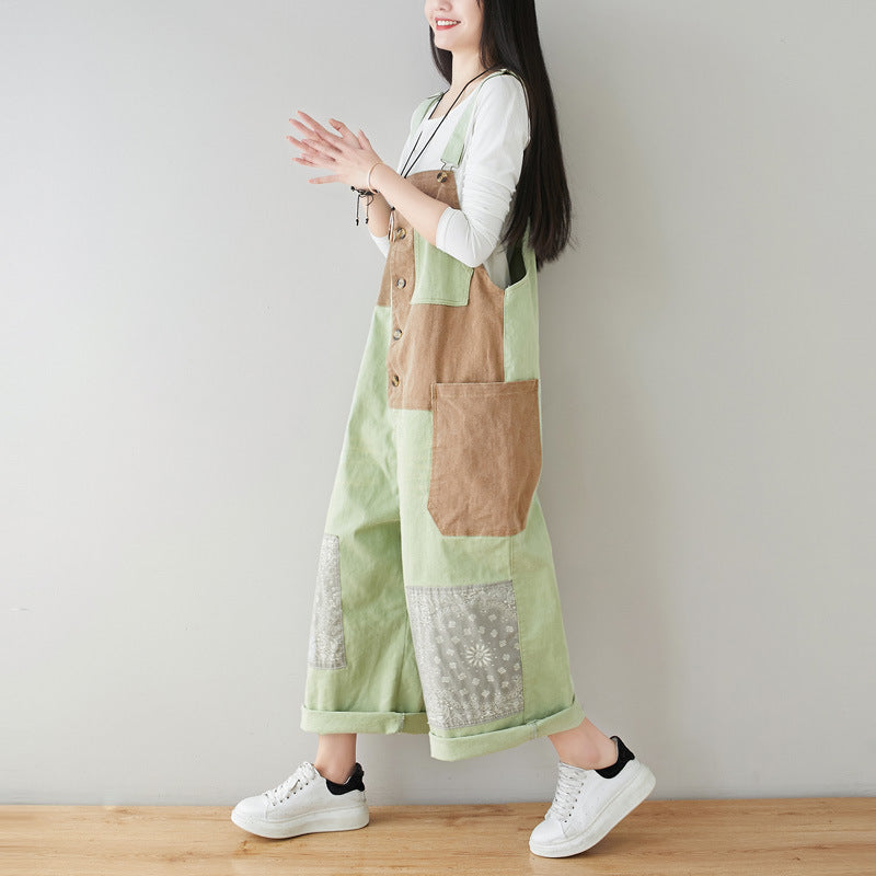 Patchwork cotton overalls, women's printed denim overalls, stonewashed loose overalls