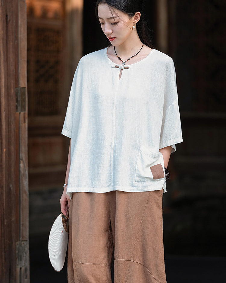 Frog button V-neck patchwork cotton  linen T-shirt, summer Chinese retro women sandwashed loose cotton  linen T-shirt 20240728