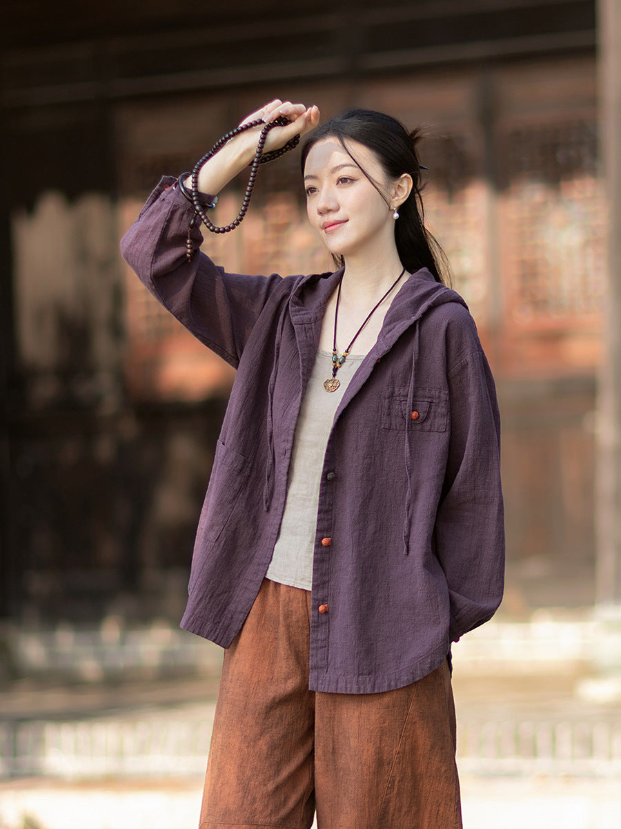 2026 Spring New Arrival: Oversized Casual Hooded Color-Blocked Button-Down Shirt, Women's Sandwashed Cotton-Linen Jacket